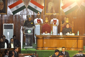 Governor of Arunachal Pradesh Lt. Gen (Retd) Nirbhay Sharma addressing the third session of sixth Legislative Assembly at Arunachal Pradesh State Legislative Assembly, Naharlagun on 28th  January 2015. Also seen:  Speaker of State Legislative Assembly, Shri Naban Rebia